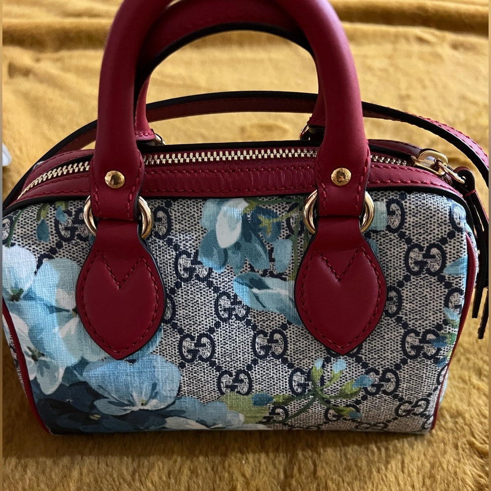 Mini GG Supreme Blue Floral Print with Red leather trim. - Picture 1 of 16
